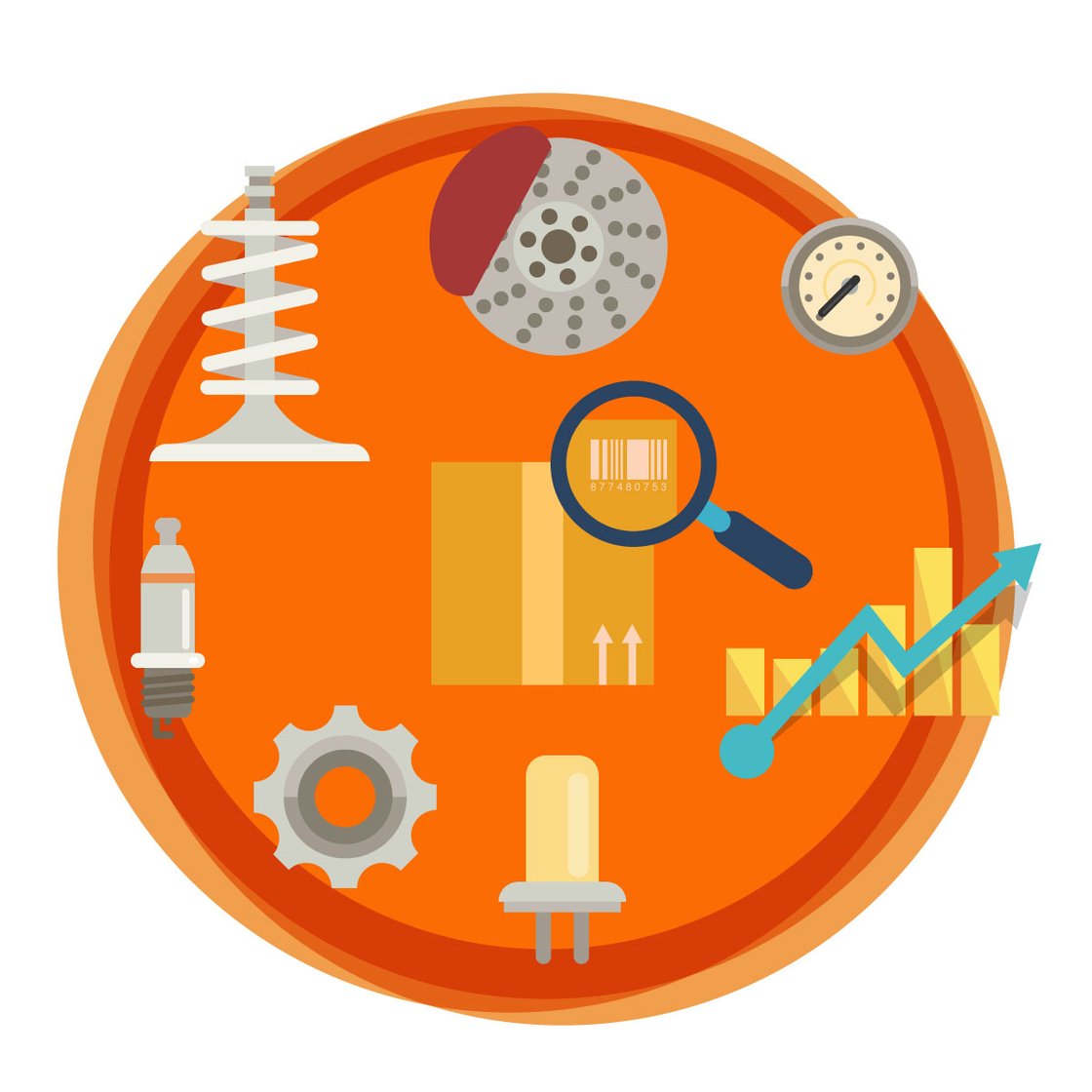 Various images of automotive parts, packing boxes, and sales analytics arranged inside of an orange circular background Various images of automotive parts, packing boxes, and sales analytics arranged inside of an orange circular background
