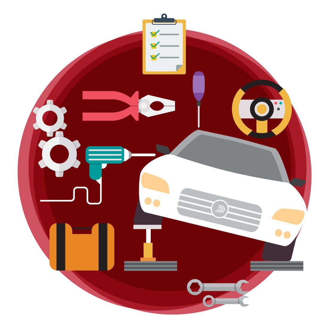 animated image of a car at the service department. Service CRM icons surround the car against a red circular background animated image of a car at the service department. Service CRM icons surround the car against a red circular background