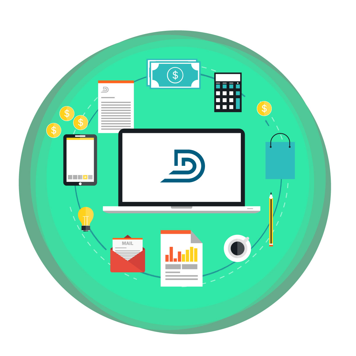 DealerTeam logo on laptop screen with office supplies, documents and other business icons inside and green circular background DealerTeam logo on laptop screen with office supplies, documents and other business icons inside and green circular background